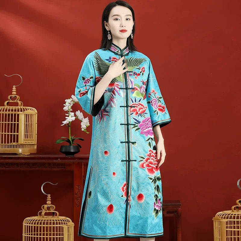 Custom Chinese‑Style Qipao Dress Hand‑Embroidered Blue Long Plus‑Size