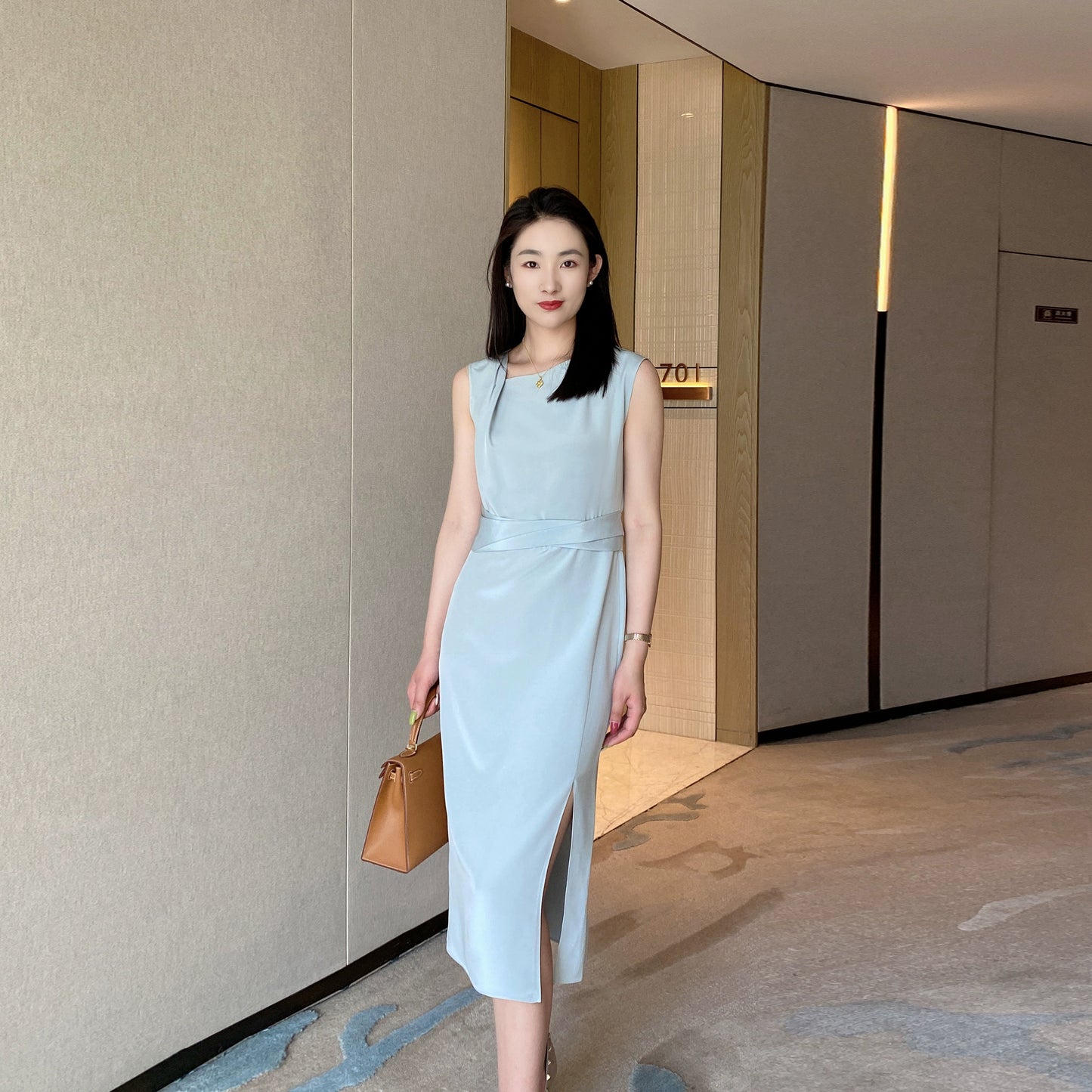 Summer Blue Elegant Sleeveless Dress High-Waist Mid-Length Skirt