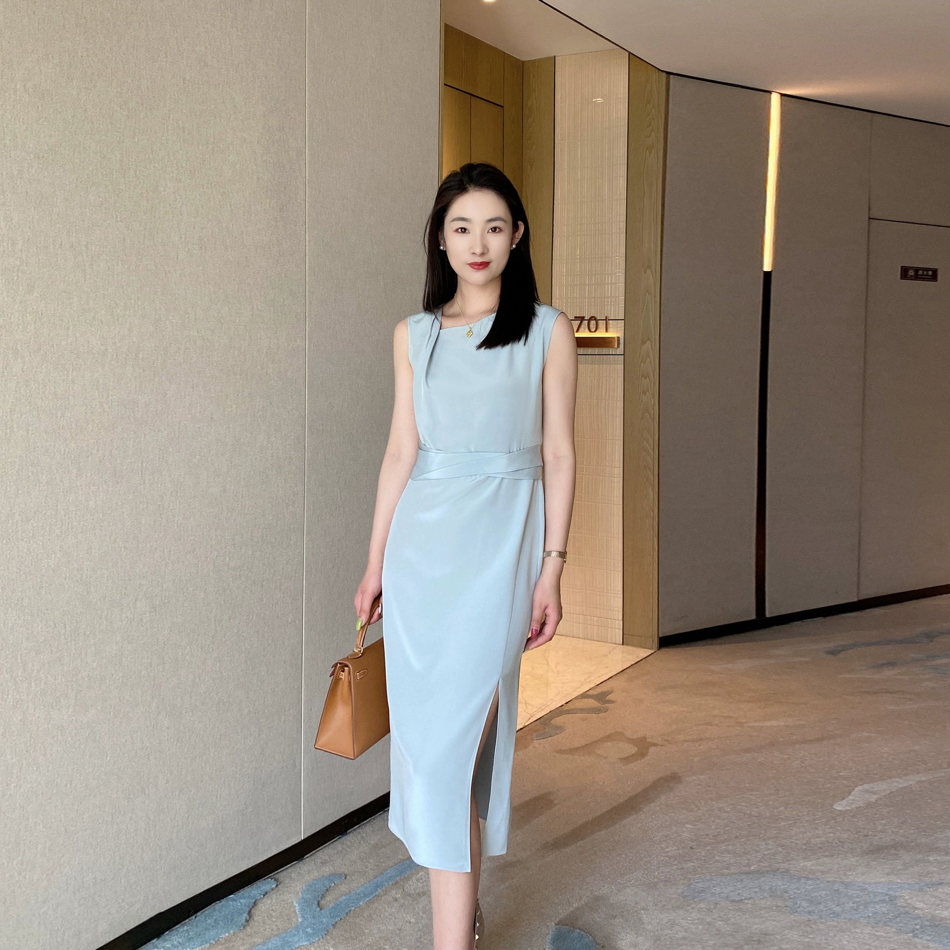 Summer Blue Elegant Sleeveless Dress High-Waist Mid-Length Skirt