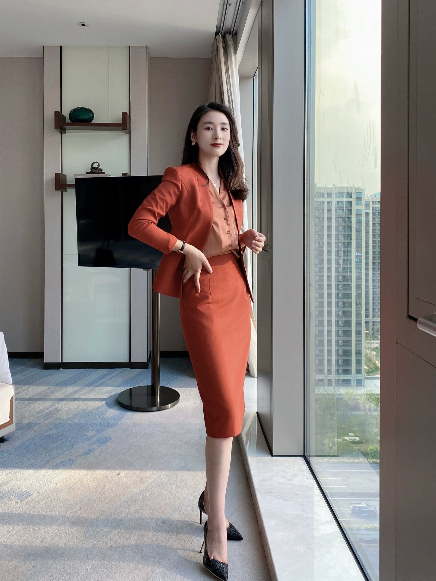 Rust Red Autumn Short Jacket & Pleated Skirt Set – Slim Fit