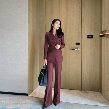 Warm Thickened Herringbone Red Suit with Boot-Cut Trousers