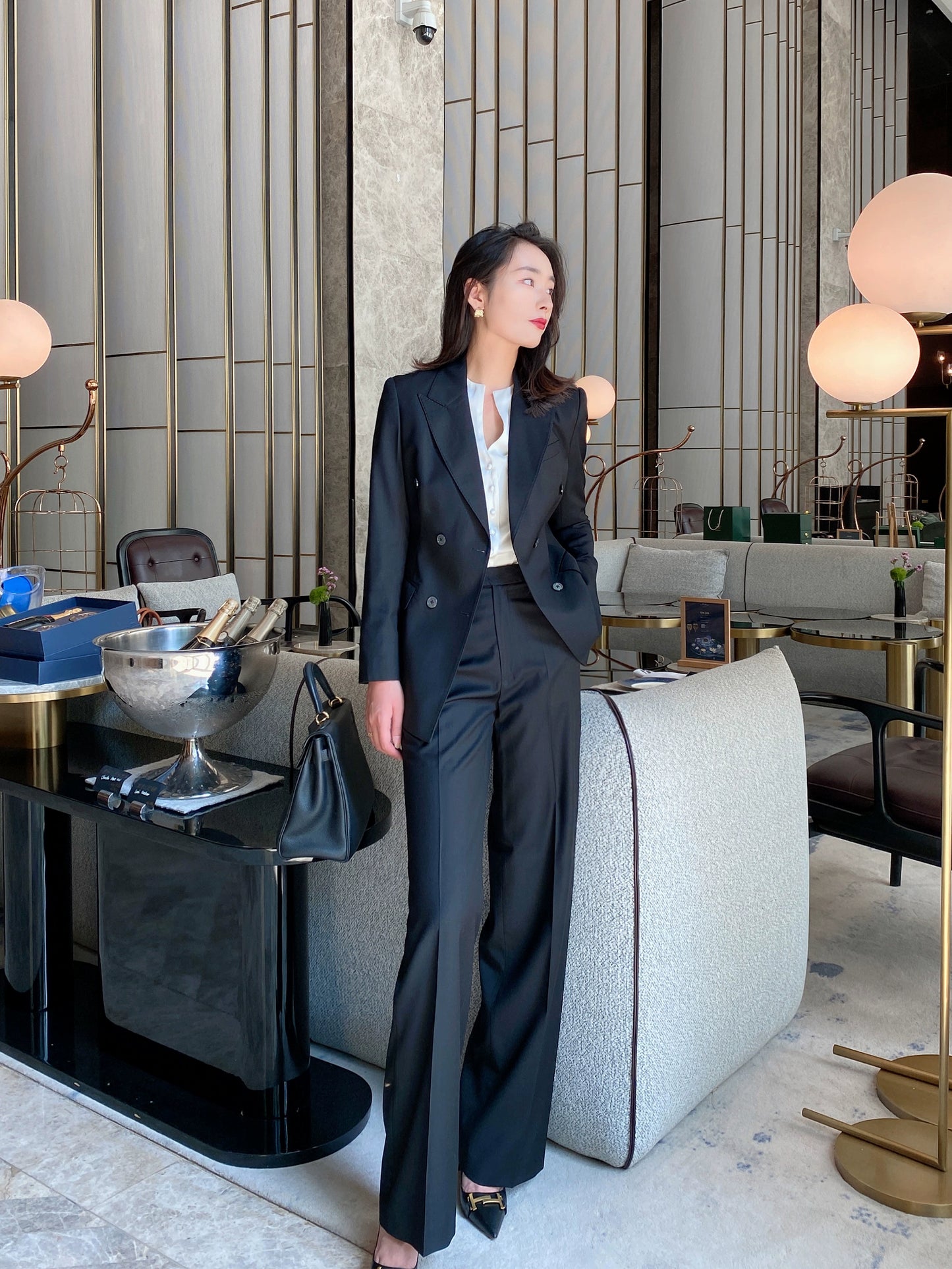Elegant Black Autumn Suit Set Tailored Jacket and Wide‑Leg Trousers