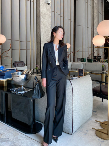 Elegant Black Autumn Suit Set Tailored Jacket and Wide‑Leg Trousers