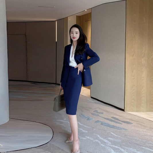 Navy Blue Autumn Classic Business Suit with Fitted Skirt