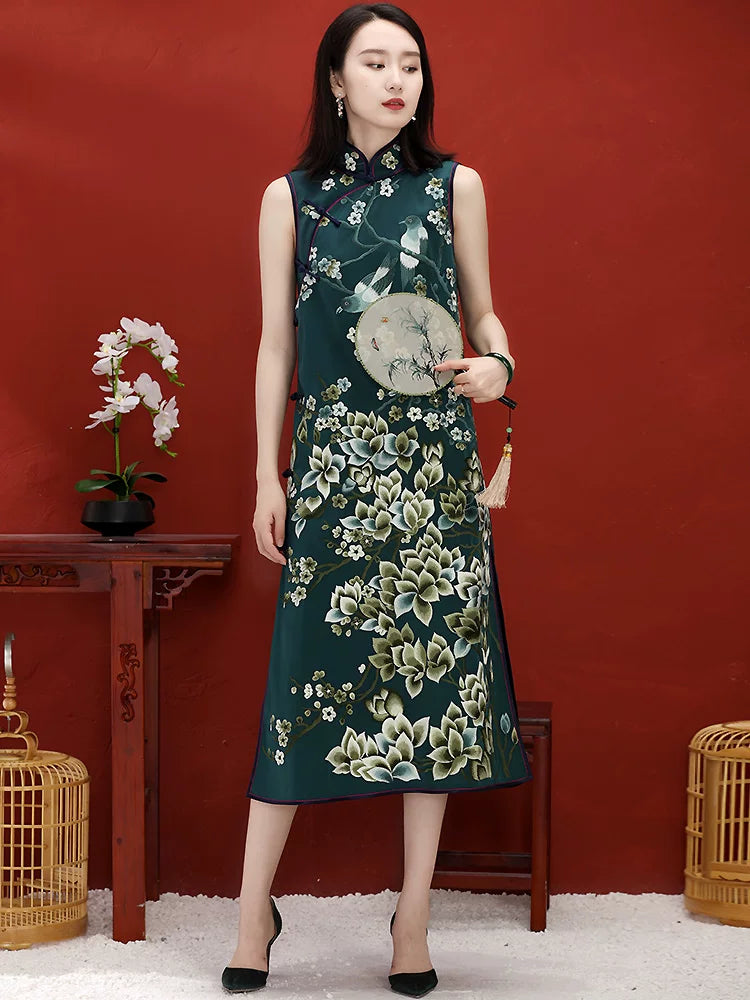 Modern Chinese Long Dress with Jade Orchid Embroidered Mandarin Collar