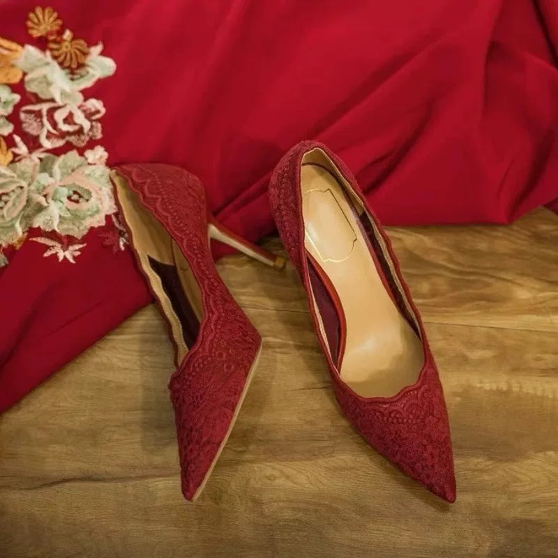 Elegant Lace Mesh Stiletto Heels, Spring Classic, 8cm Red