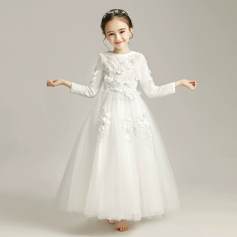 Elegant Princess Flower Girl Dress: Long-Sleeve Fleece Wedding Performance Gown