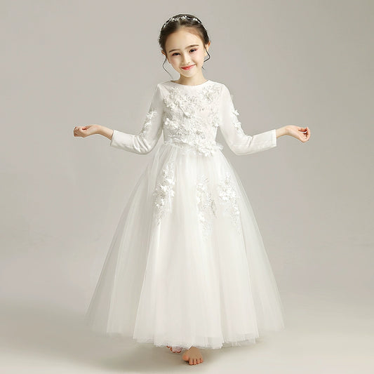 Elegant Princess Flower Girl Dress: Long-Sleeve Fleece Wedding Performance Gown