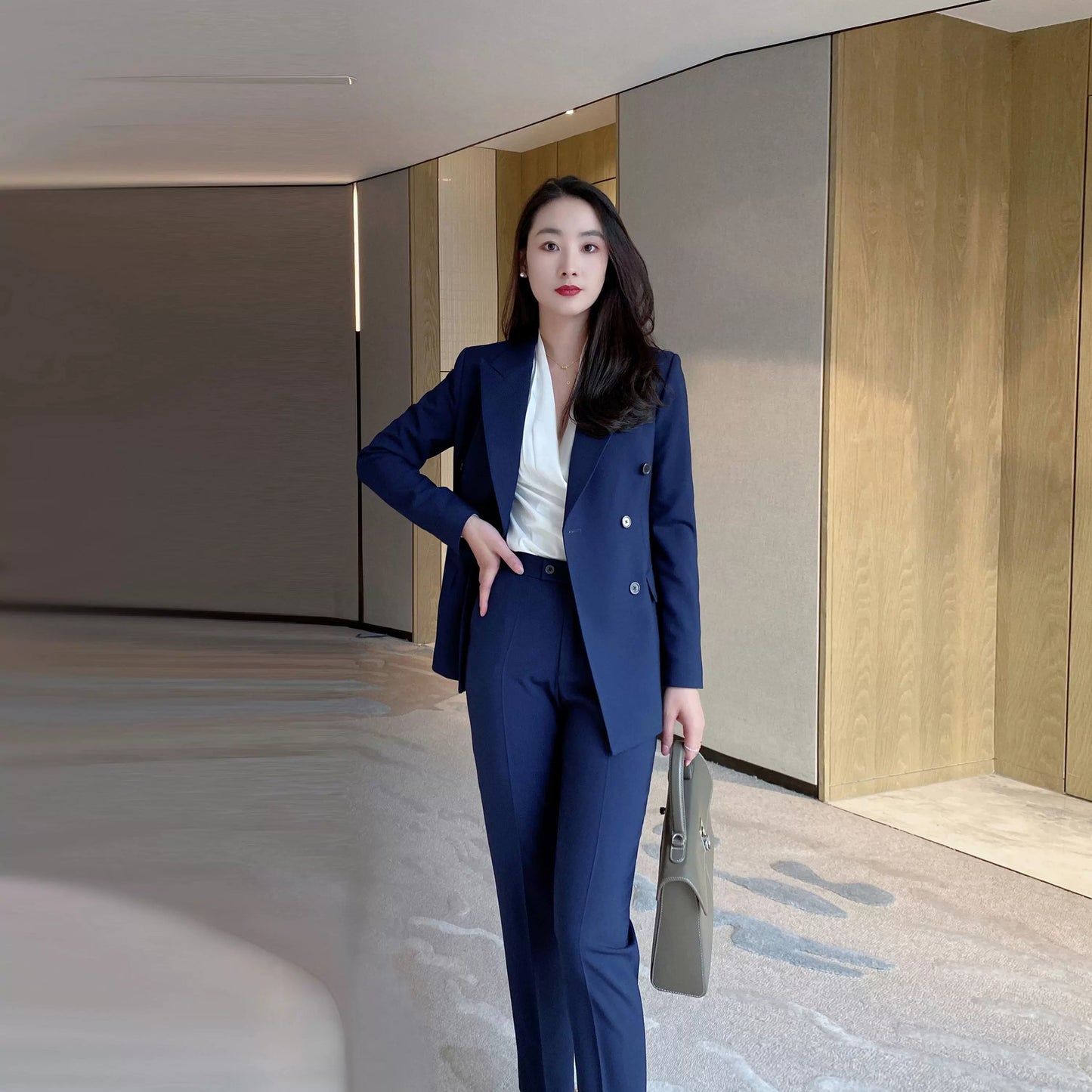 Navy Blue Autumn Fitted Classic Suit with Double-Breasted Jacket