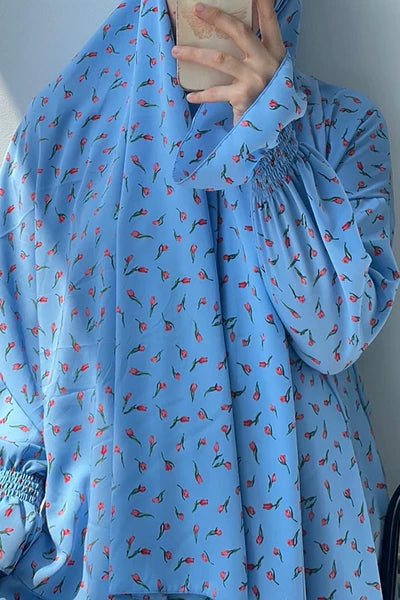 Elegant Turkish Dubai Hijab Dress with Floral Bat Sleeve
