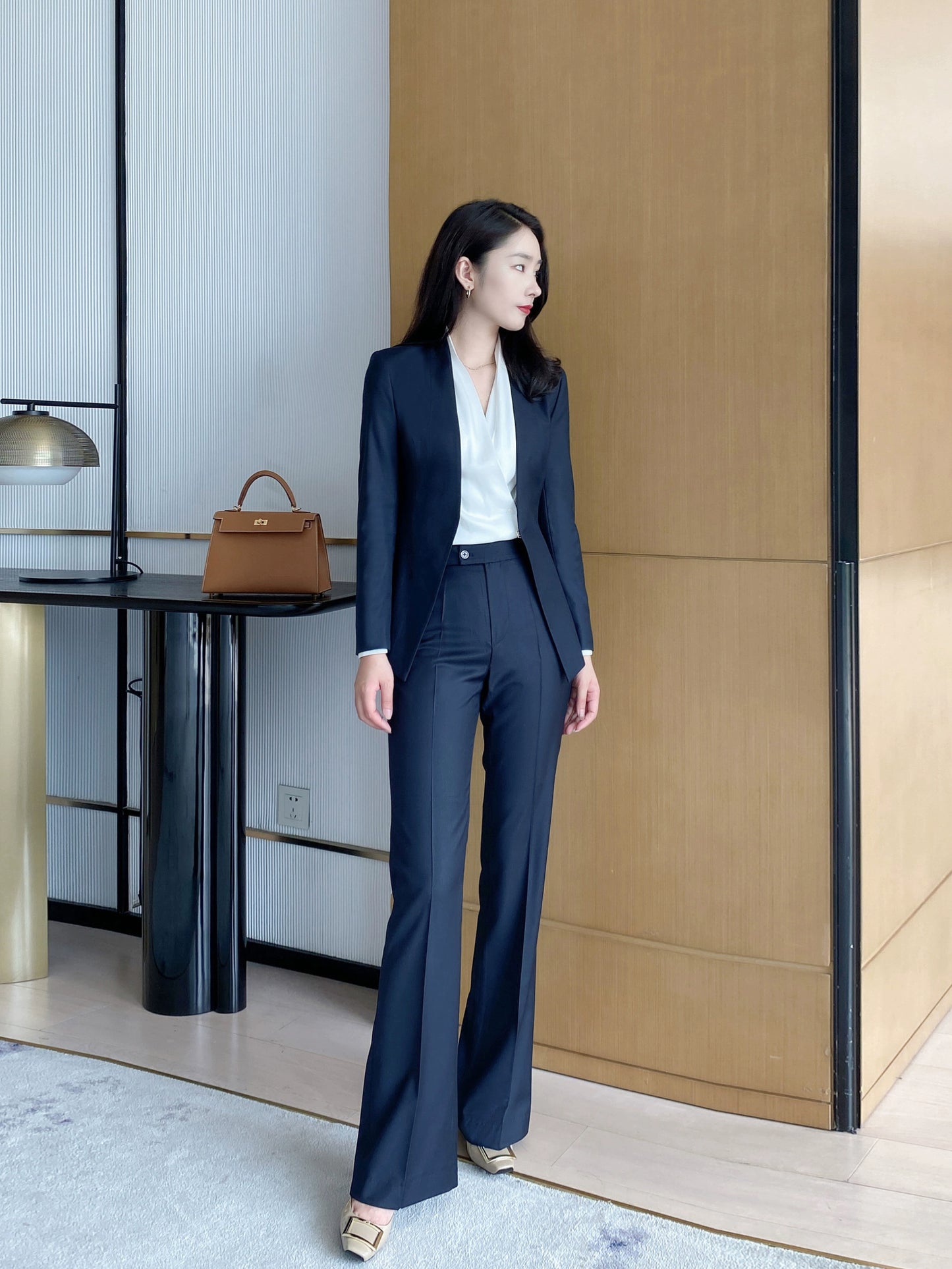 Women's Black Autumn Wool Suit Set with Flared Trousers