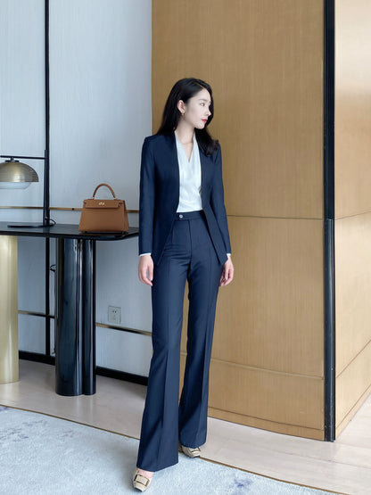 Women's Black Autumn Wool Suit Set with Flared Trousers
