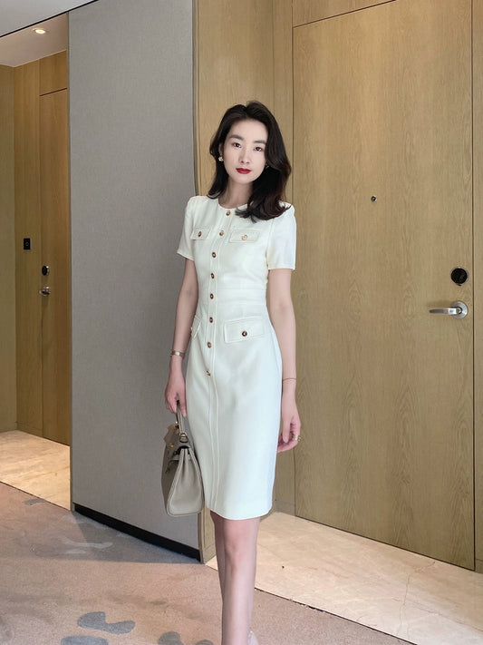 Summer White Fitted Short Sleeve Dress with Waist Belt