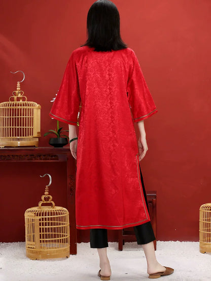Modern Chinese Style Dress with Hand‑Embroidered Frog Closure, Red