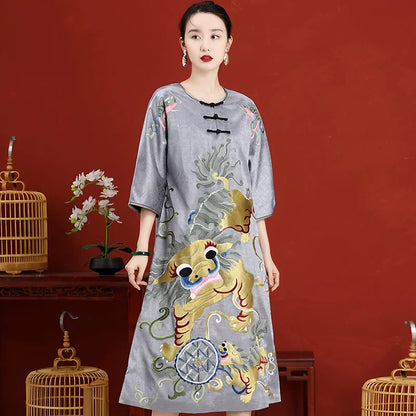 Retro Chinese Style Hand‑Embroidered Maxi Dress Large Size