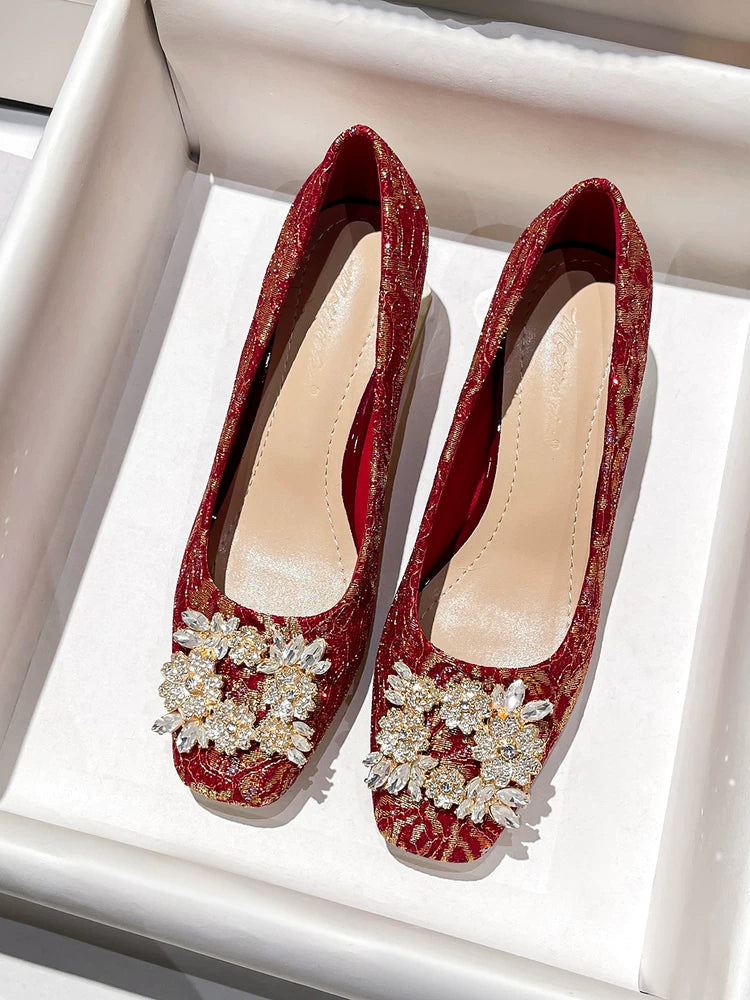 Square Toe Bridal Shoes 2025 Two‑Way Crystal Stiletto Red Heel
