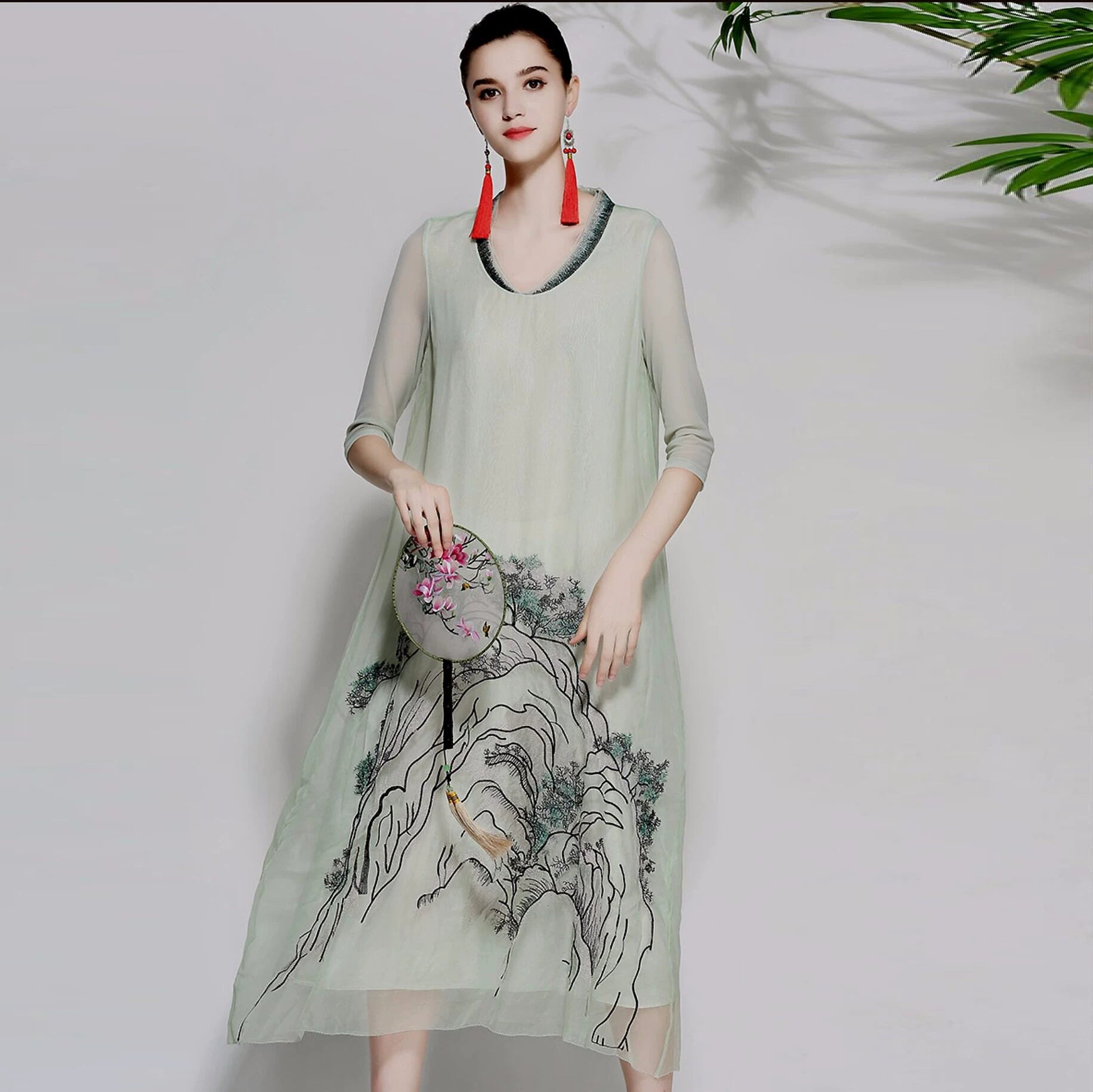 Summer Thin Silk Organza Dress With Landscape Embroidery