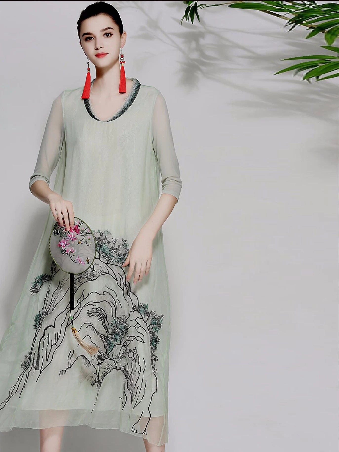 Summer Thin Silk Organza Dress With Landscape Embroidery