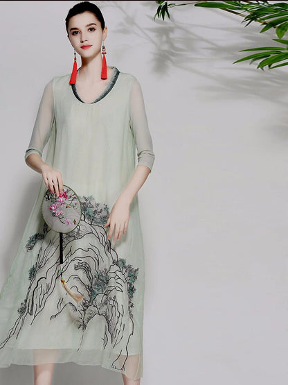 Summer Thin Silk Organza Dress With Landscape Embroidery