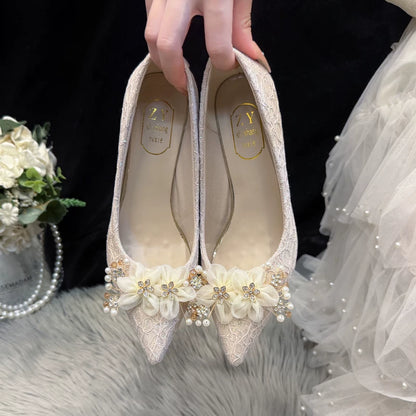 Elegant Champagne Crystal Flower Wedding High Heel Shoes