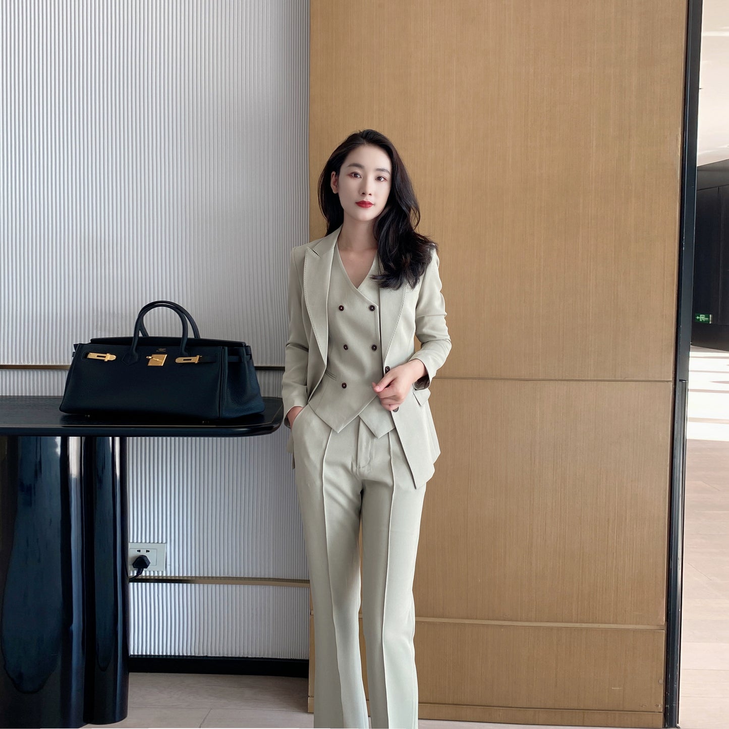 Elegant Khaki Women's Three-Piece Suit with Jacket Vest Flared Trousers