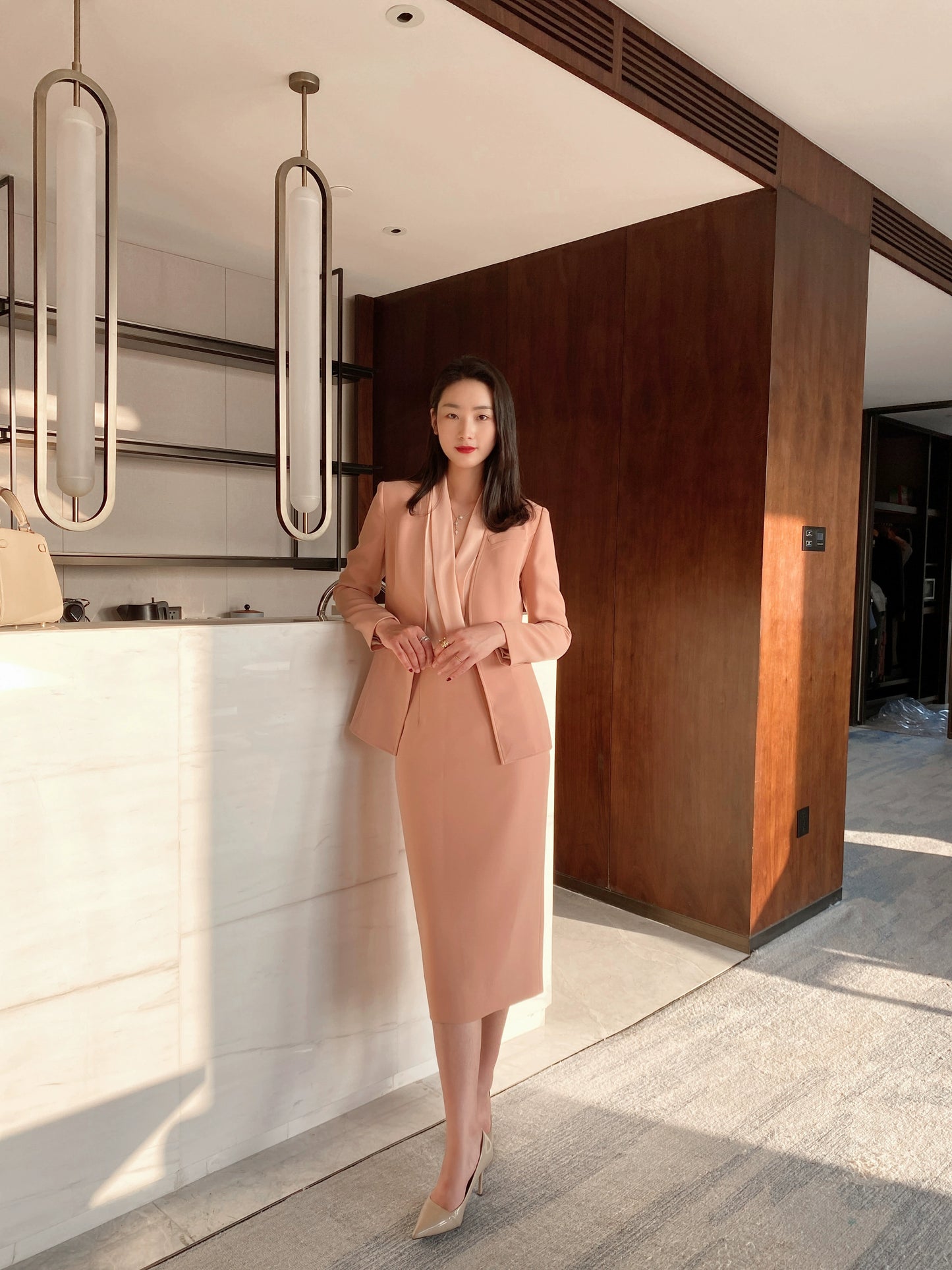 Elegant Spring Autumn Fuchsia Slim-Fit Jacket & Hip-Accented Skirt Set