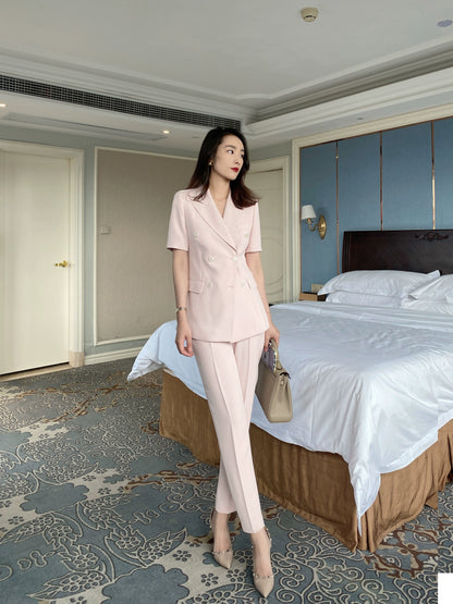 Elegant White Pearl Polyester Summer Suit Jacket with Short Sleeve