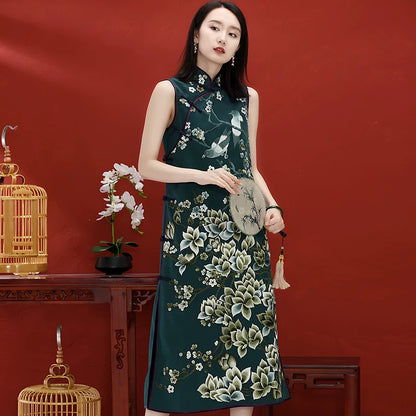 Modern Chinese Long Dress with Jade Orchid Embroidered Mandarin Collar