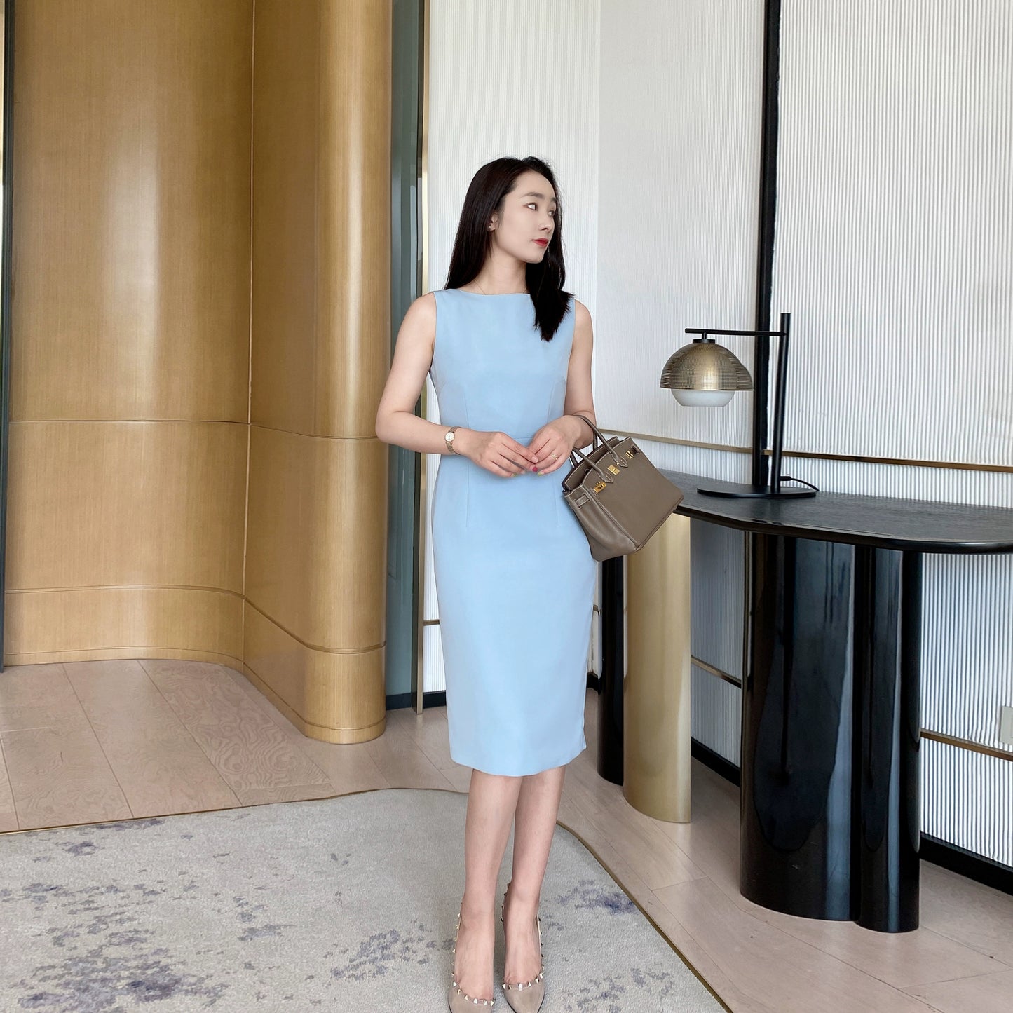 Summer Blue Fitted Sleeveless Dress Elegant Mid‑Length One‑Step Skirt