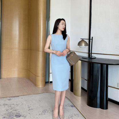 Summer Blue Fitted Sleeveless Dress Elegant Mid‑Length One‑Step Skirt