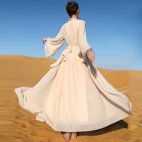 Elegant Autumn Beige Long Shiffon A-Line Dress with Lace Detail