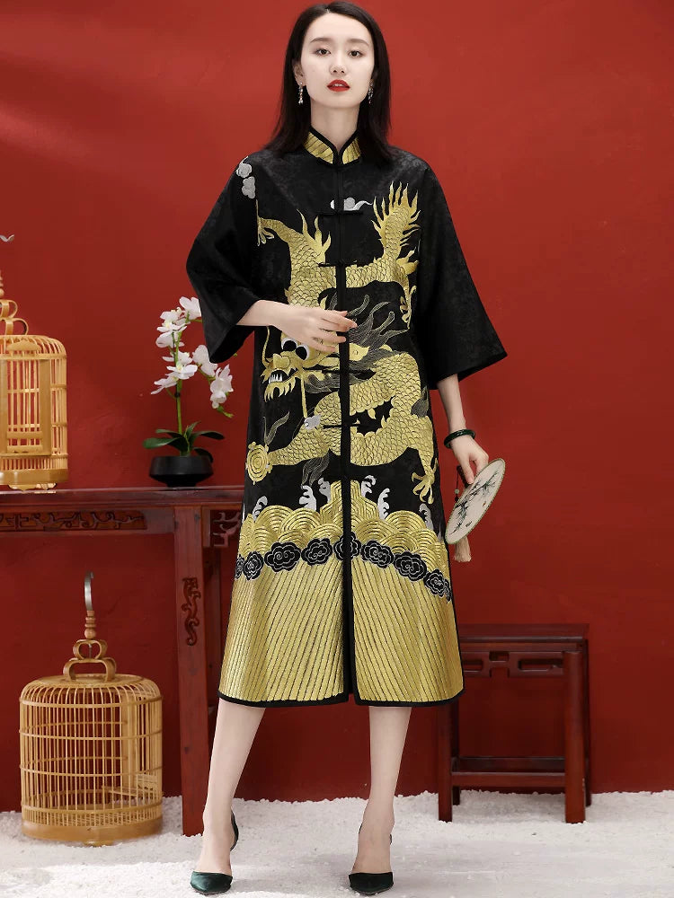 Mid-Length Women's Chinese-Style Coat Hand-Embroidered Gold Dragon Black