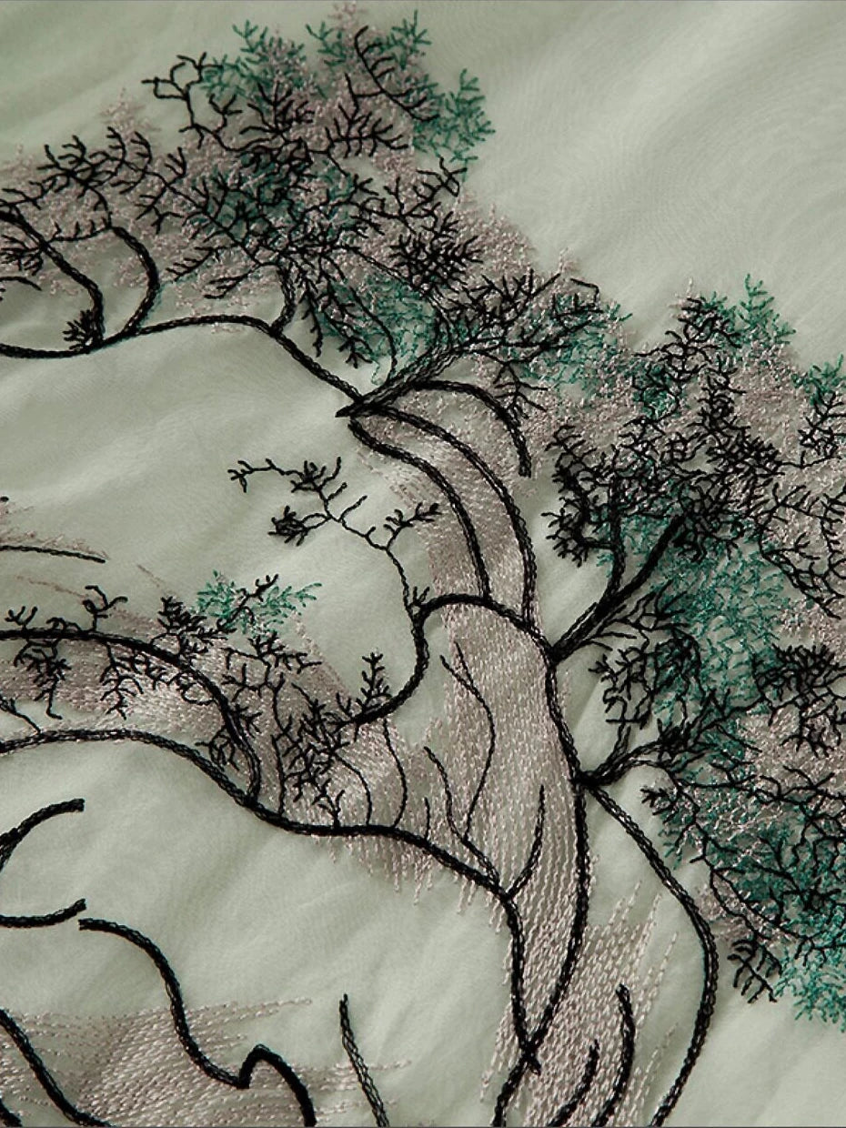 Summer Thin Silk Organza Dress With Landscape Embroidery