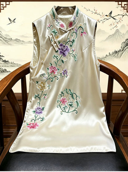 Summer Women’s Acetate Satin Embroidered Vest Slim Fit Stand‑Collar