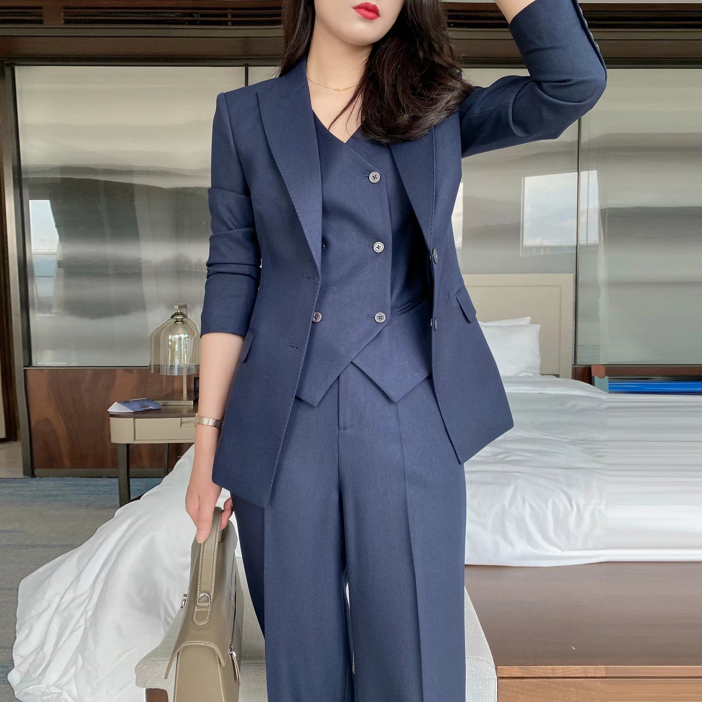 Elegant Navy Blue Women's 3-Piece Winter Suit Set
