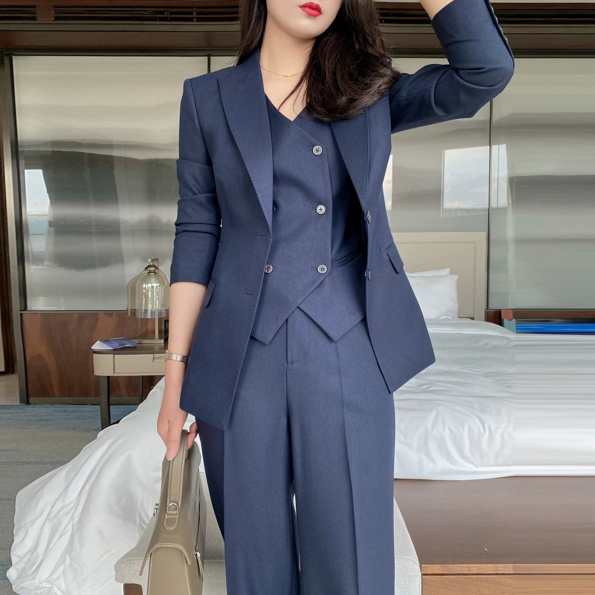 Elegant Navy Blue Women's 3-Piece Winter Suit Set
