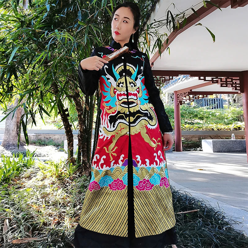 Women's Plus Size Trench Coat Black Hand‑Embroidered Dragon Robe