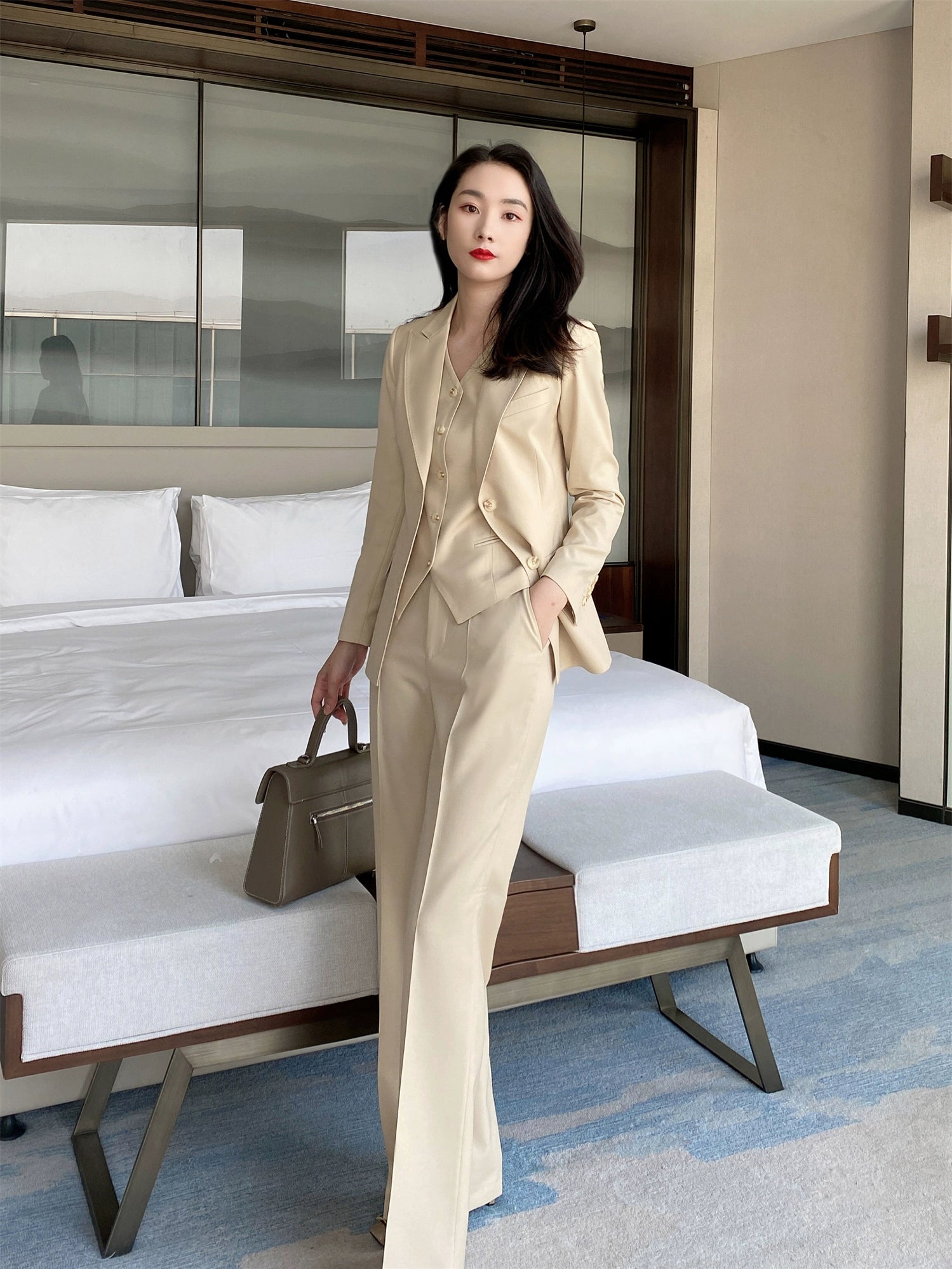 Apricot Woolen Women's Suit Set – Vest & Trousers, Slim Straight Fit