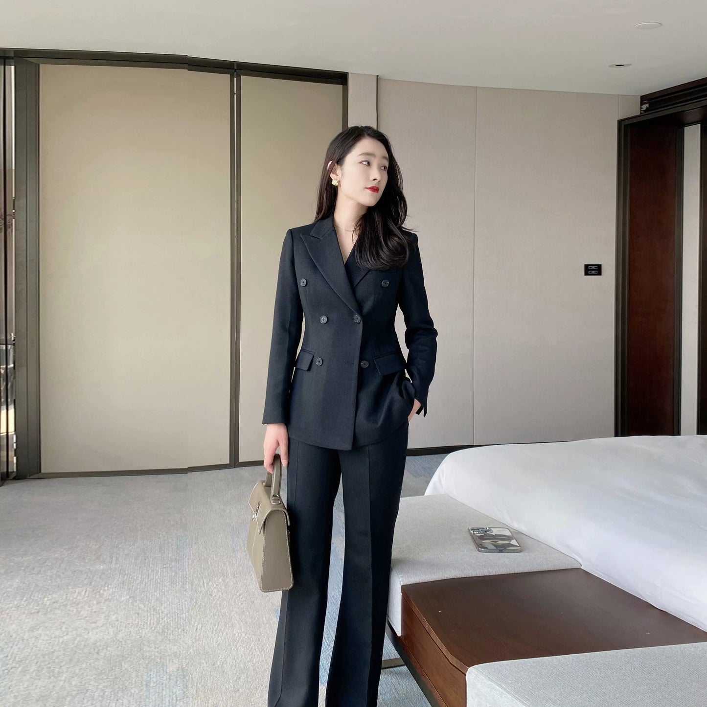 Elegant Black Woolen Winter Suit with Flared Trousers