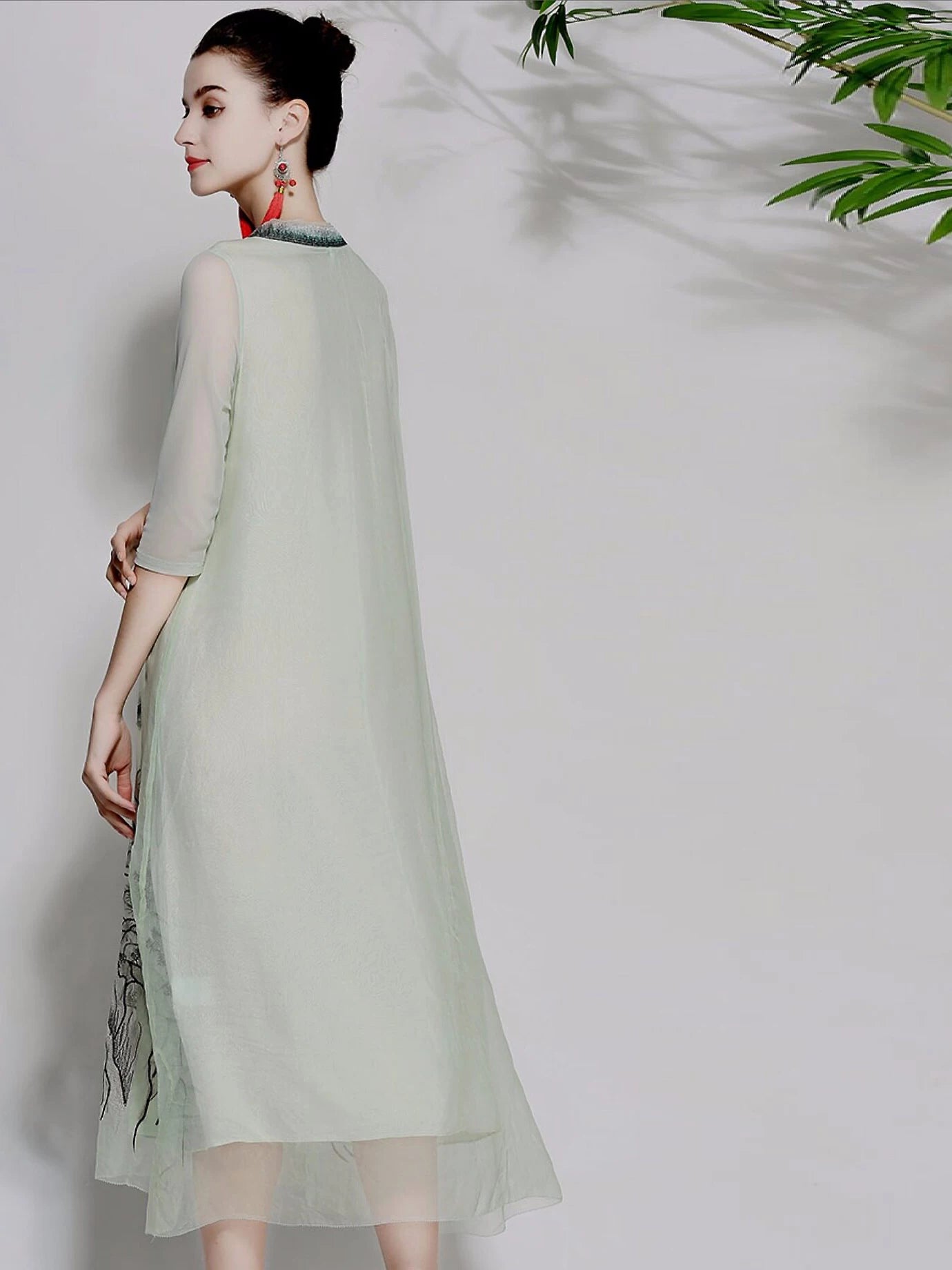 Summer Thin Silk Organza Dress With Landscape Embroidery