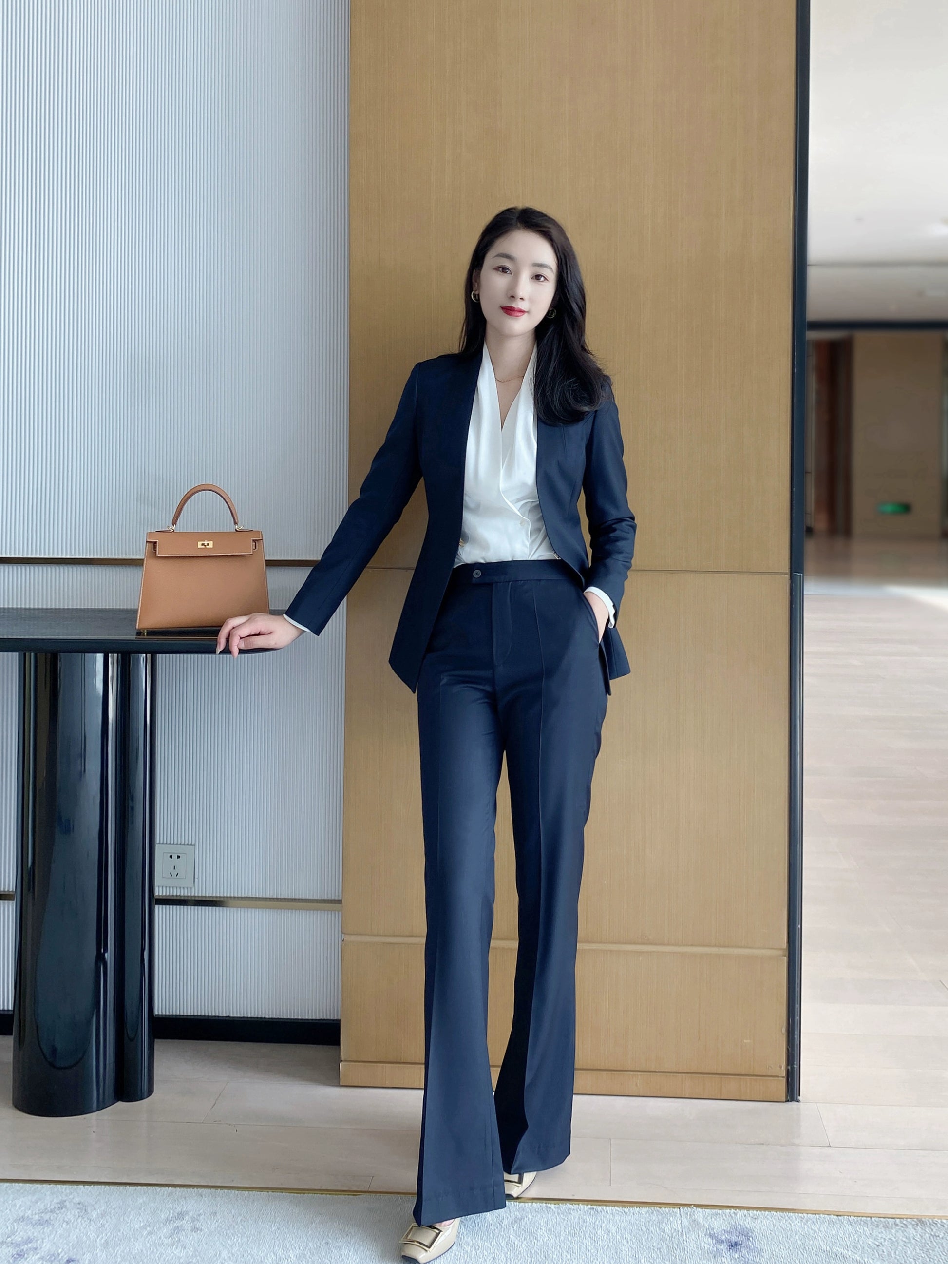 Women's Black Autumn Wool Suit Set with Flared Trousers
