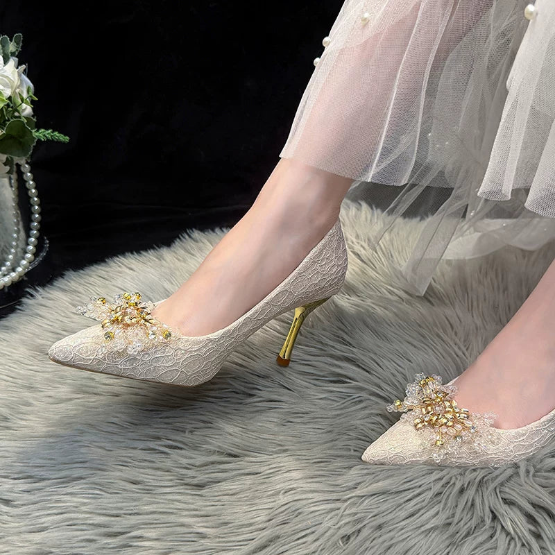 Elegant Champagne Crystal Flower Wedding High Heel Shoes