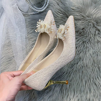Elegant Champagne Crystal Flower Wedding High Heel Shoes