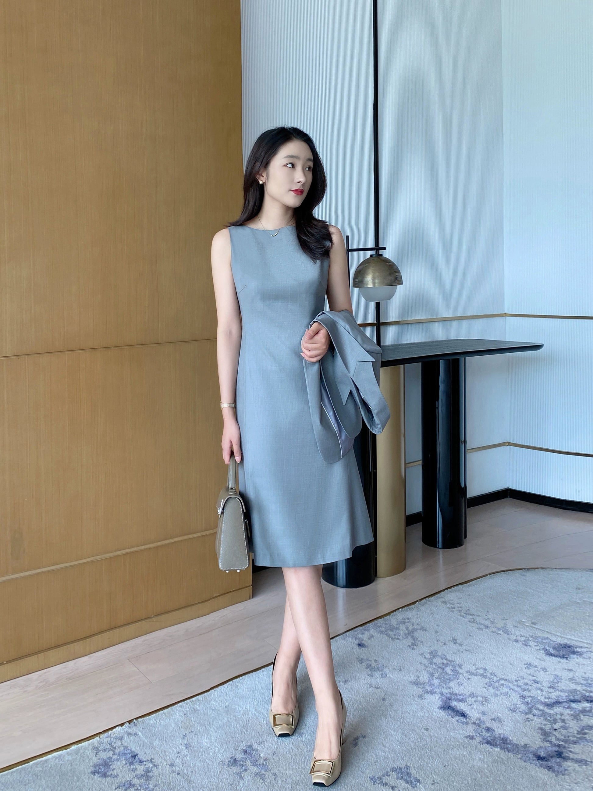 Elegant Light Grey Autumn Suit Jacket with Fish Tail Skirt