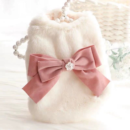 Fur Big Bow Pet Dog Autumn Winter Warm Cotton Vest Teddy Yorkshire Panda Cat Clothes