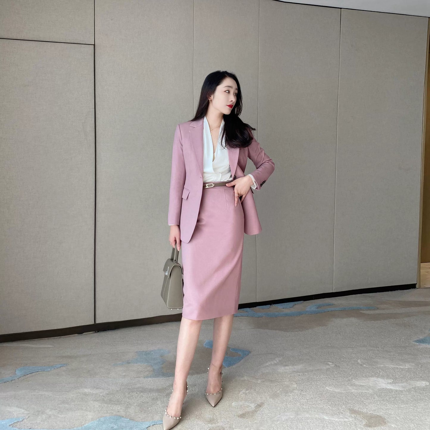Iceberry Pink Autumn Classic Suit with Fitted Jacket Skirt