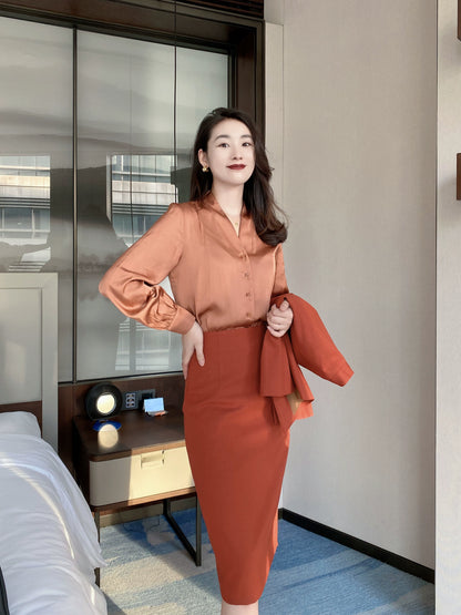 Rust Red V‑Neck Slim‑Fit Autumn Work Shirt for Women