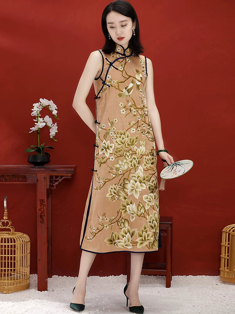 Modern Chinese Long Dress with Jade Orchid Embroidered Mandarin Collar