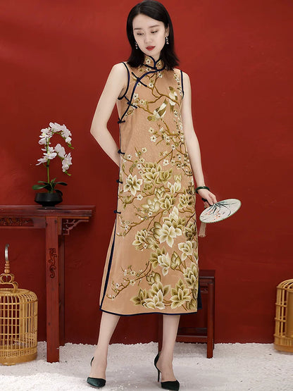 Modern Chinese Long Dress with Jade Orchid Embroidered Mandarin Collar