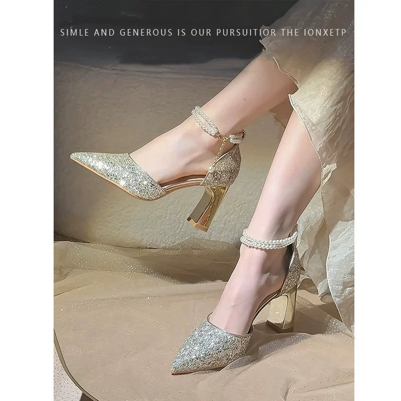 Champagne Chunky Heel Two-Way Wedding Shoes with Water Crystal Sequin